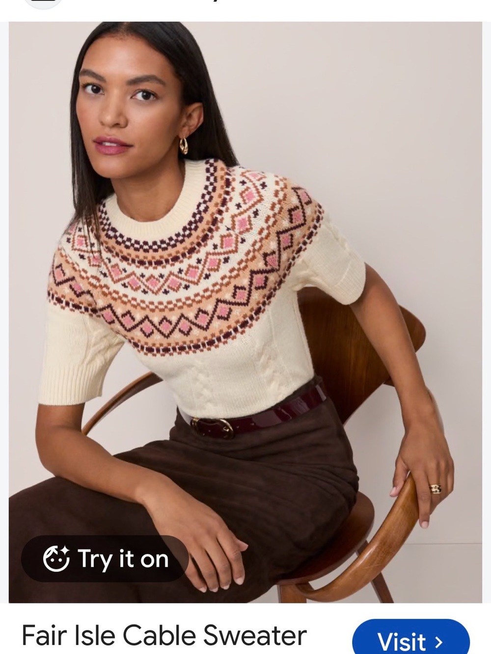 AnnTaylor Fair Isle Cable Short-Sleeve Sweater Cream W/Pink & Brown Pattern | L
